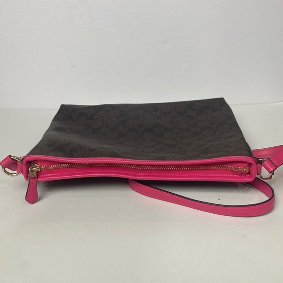 Coach Signature Print File Bag - Crossbody Dark Brown w/ Fuchsia Leather Piping - Picture 12 of 15